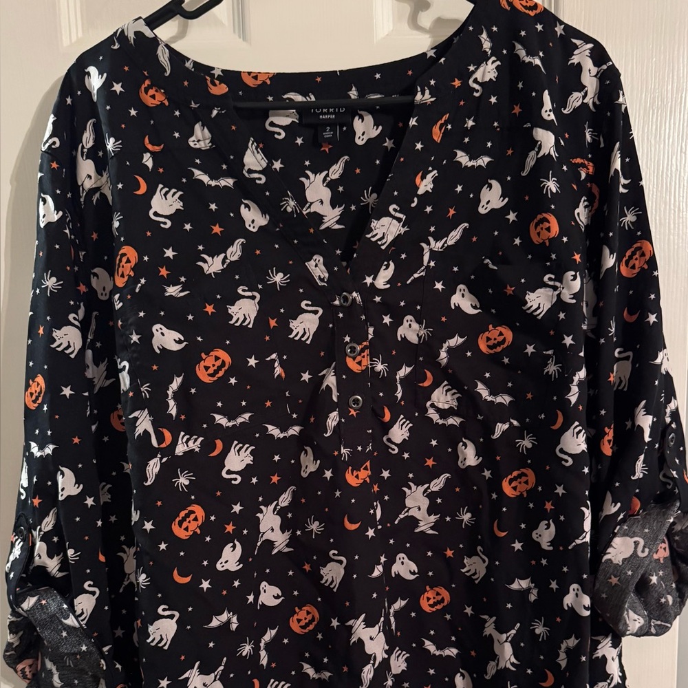 Torrid Halloween Black Orange White Cat Bat Ghost Long Sleeve Shirt Plus Size 2